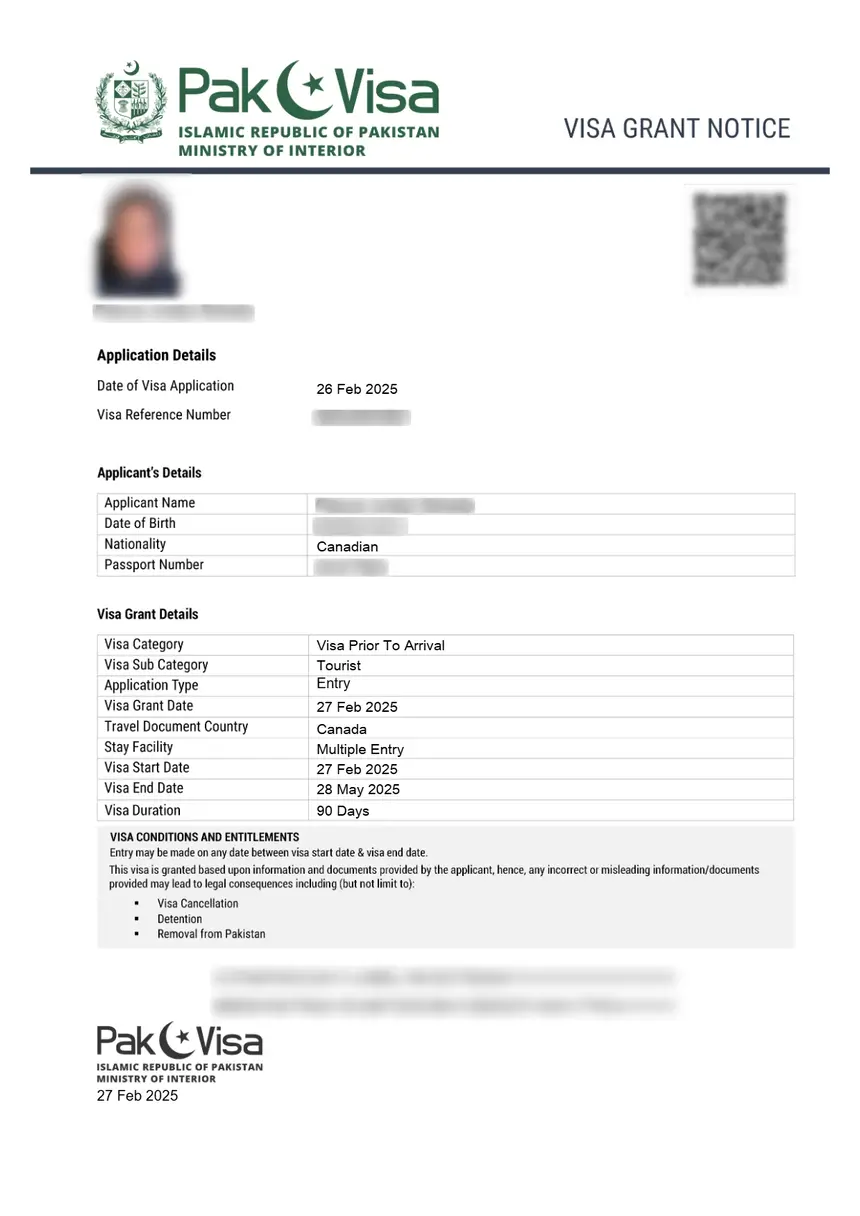 pakistan eVisa sample document